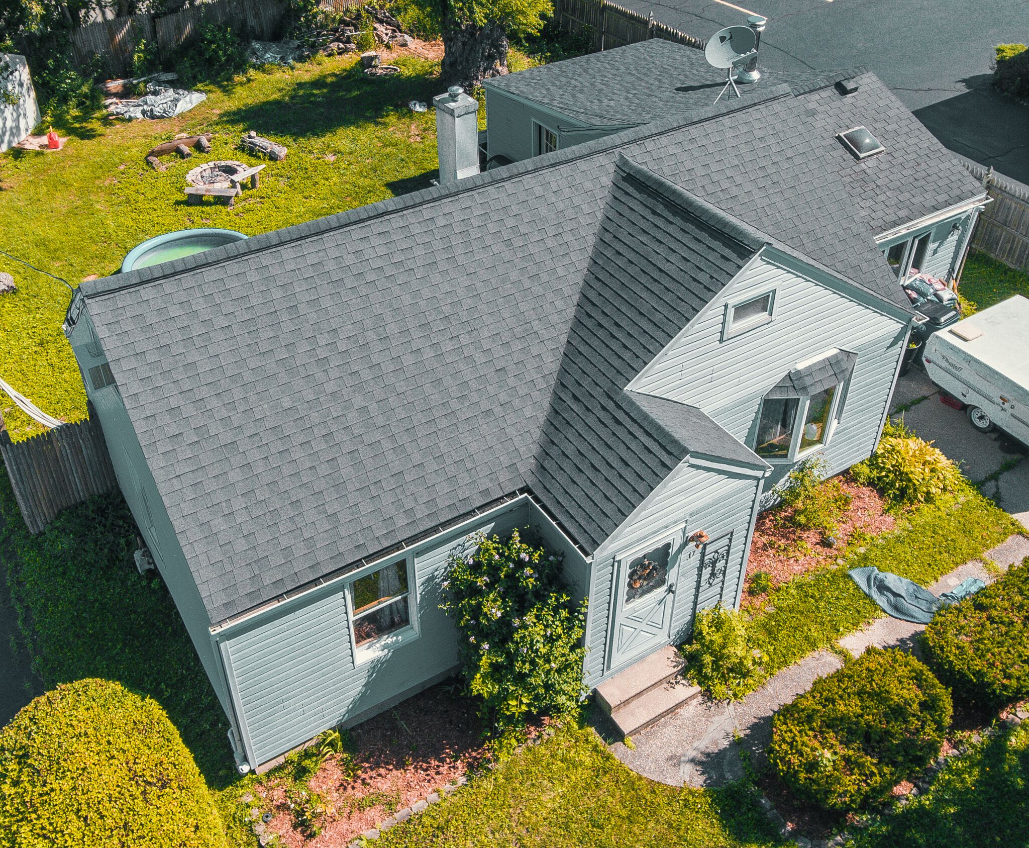 DRONE VIDEO OF GAF OYSTER GREY ROOF AND CERTAINTEED SIDING 